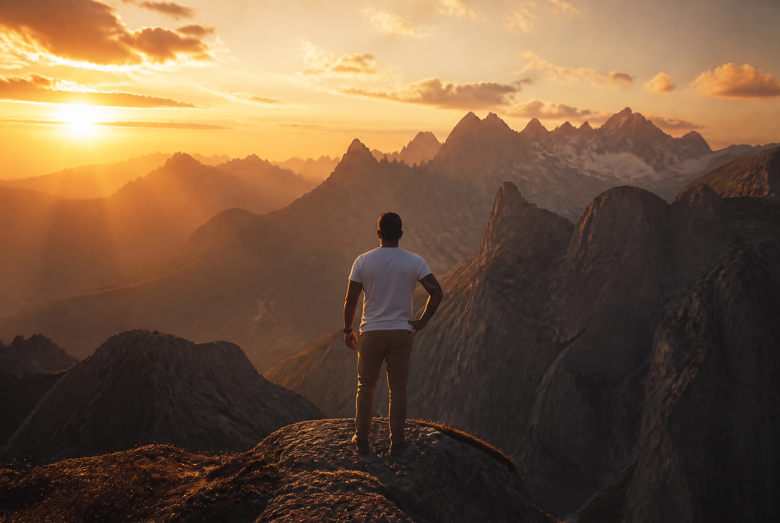 Viajante contemplando montanhas ao pôr do sol